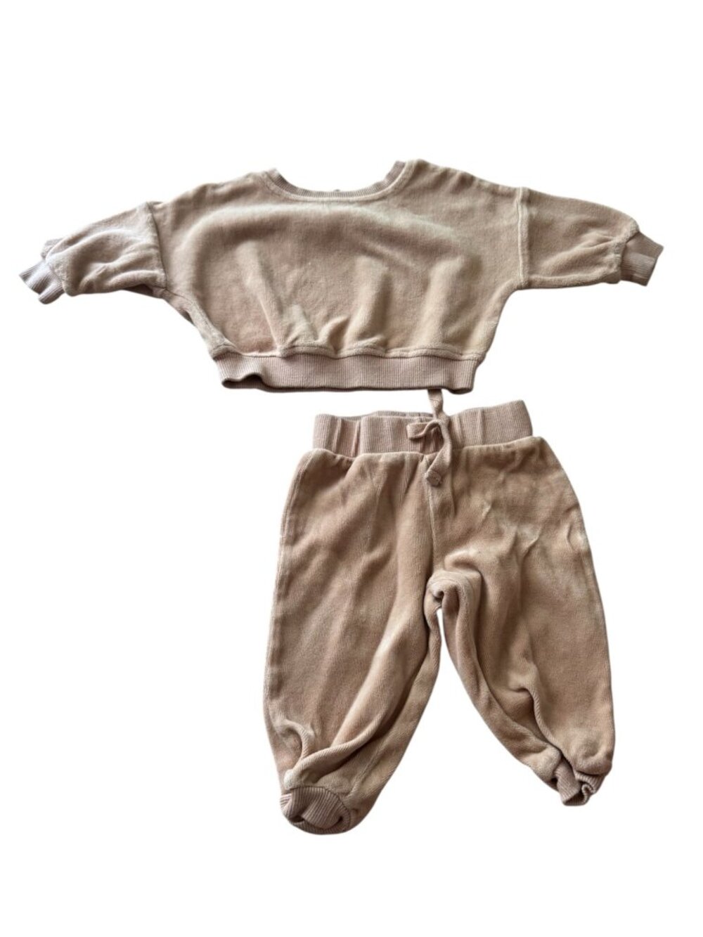 Quincy Mae Baby Beige Velour Sweatshirt & Jogger Set Size 3-6 Months